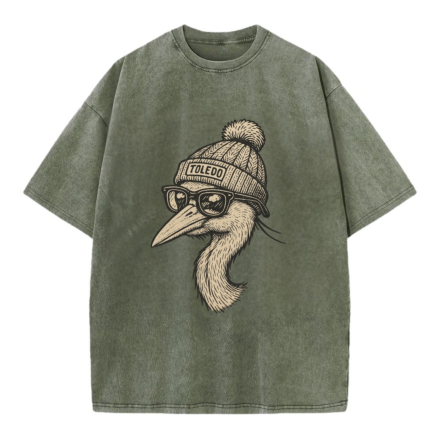 Toledo Great Blue Heron wearing Toledo beanie with pom pom and wayfarer sunglasses - Vintage T-shirt - Army Green