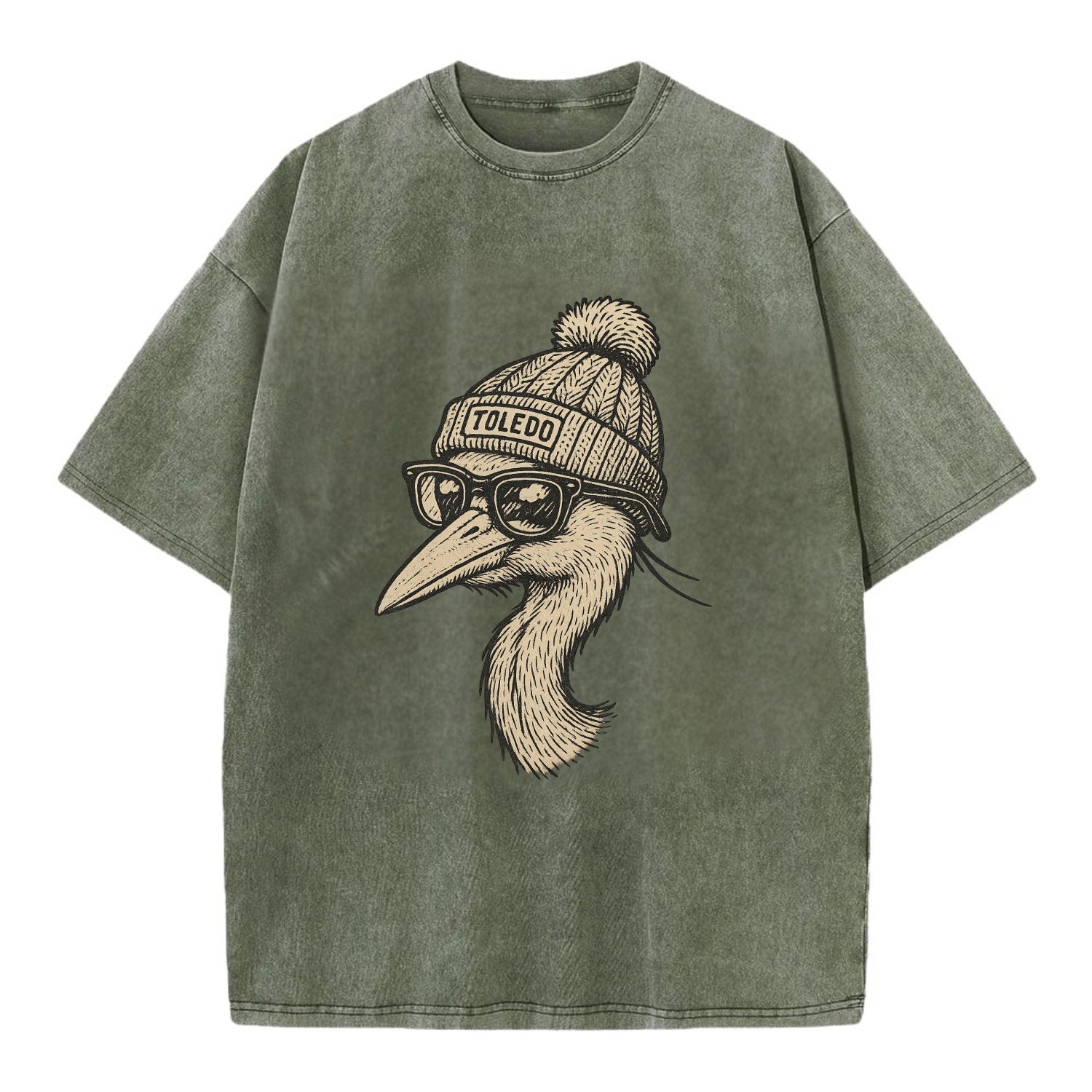 Toledo Great Blue Heron wearing Toledo beanie with pom pom and wayfarer sunglasses - Vintage T-shirt - Army Green