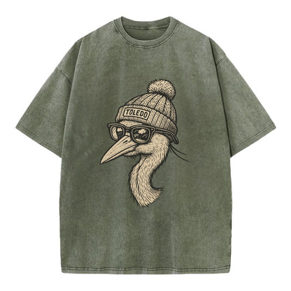 Toledo Great Blue Heron wearing Toledo beanie with pom pom and wayfarer sunglasses - Vintage T-shirt - Army Green