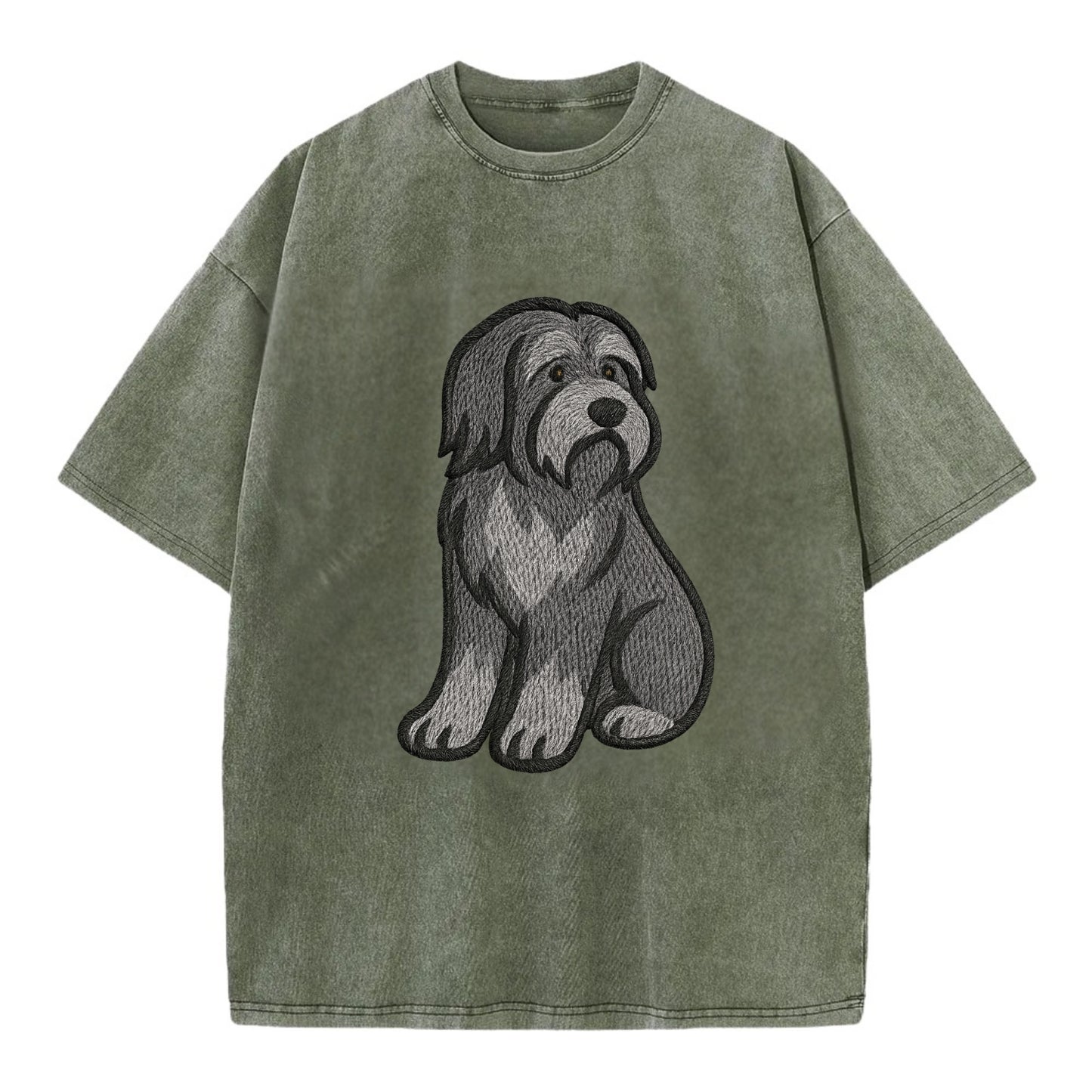 Bearded Collie - Gray shaggy coat embroidered pose - Vintage T-shirt - Army Green