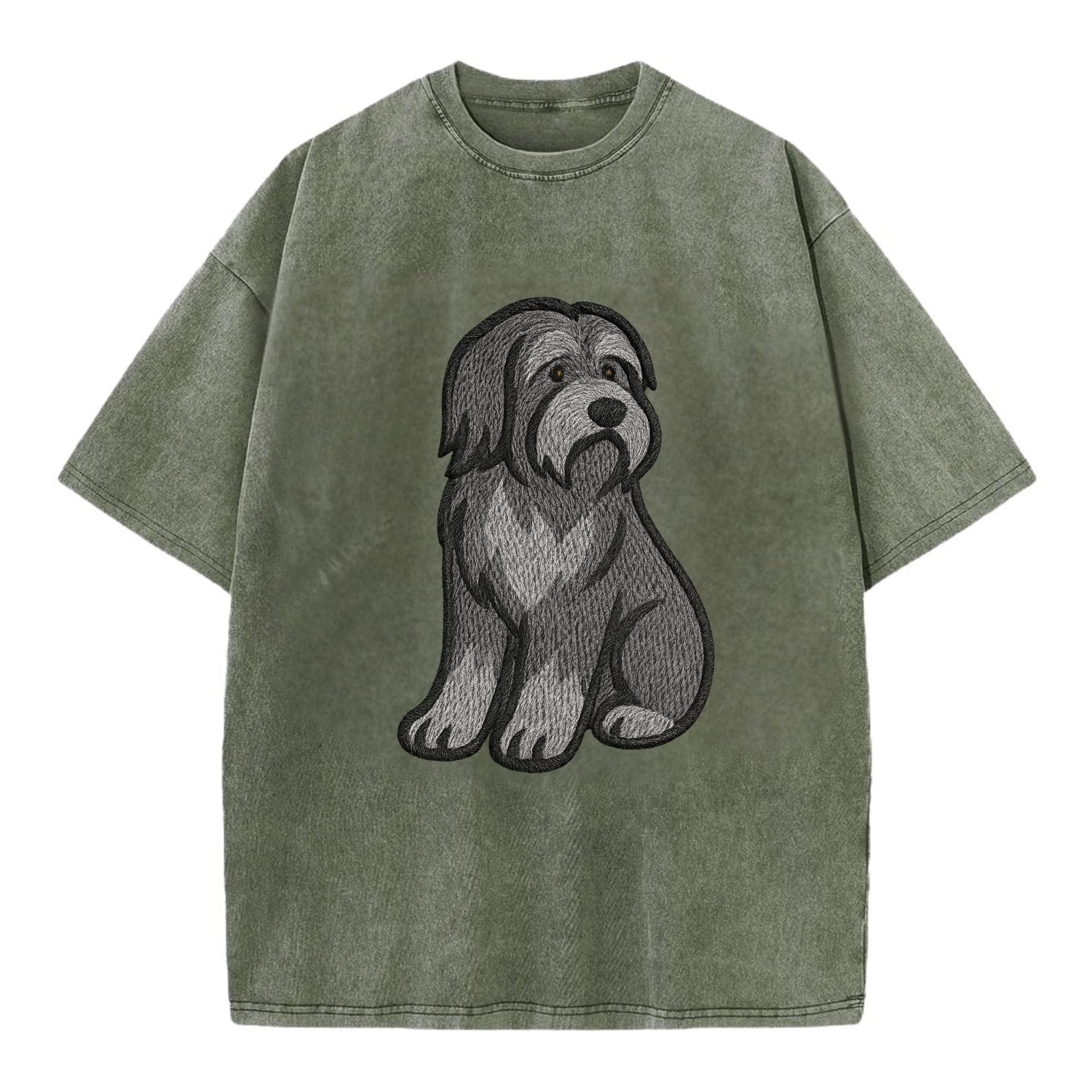 Bearded Collie - Gray shaggy coat embroidered pose - Vintage T-shirt - Army Green