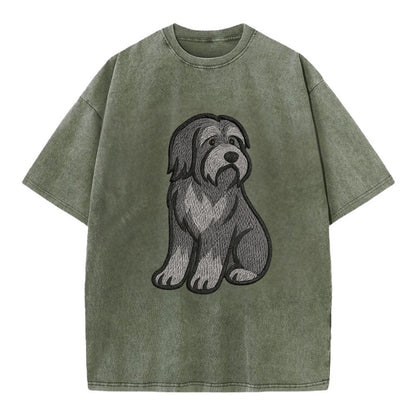 Bearded Collie - Gray shaggy coat embroidered pose - Vintage T-shirt - Army Green