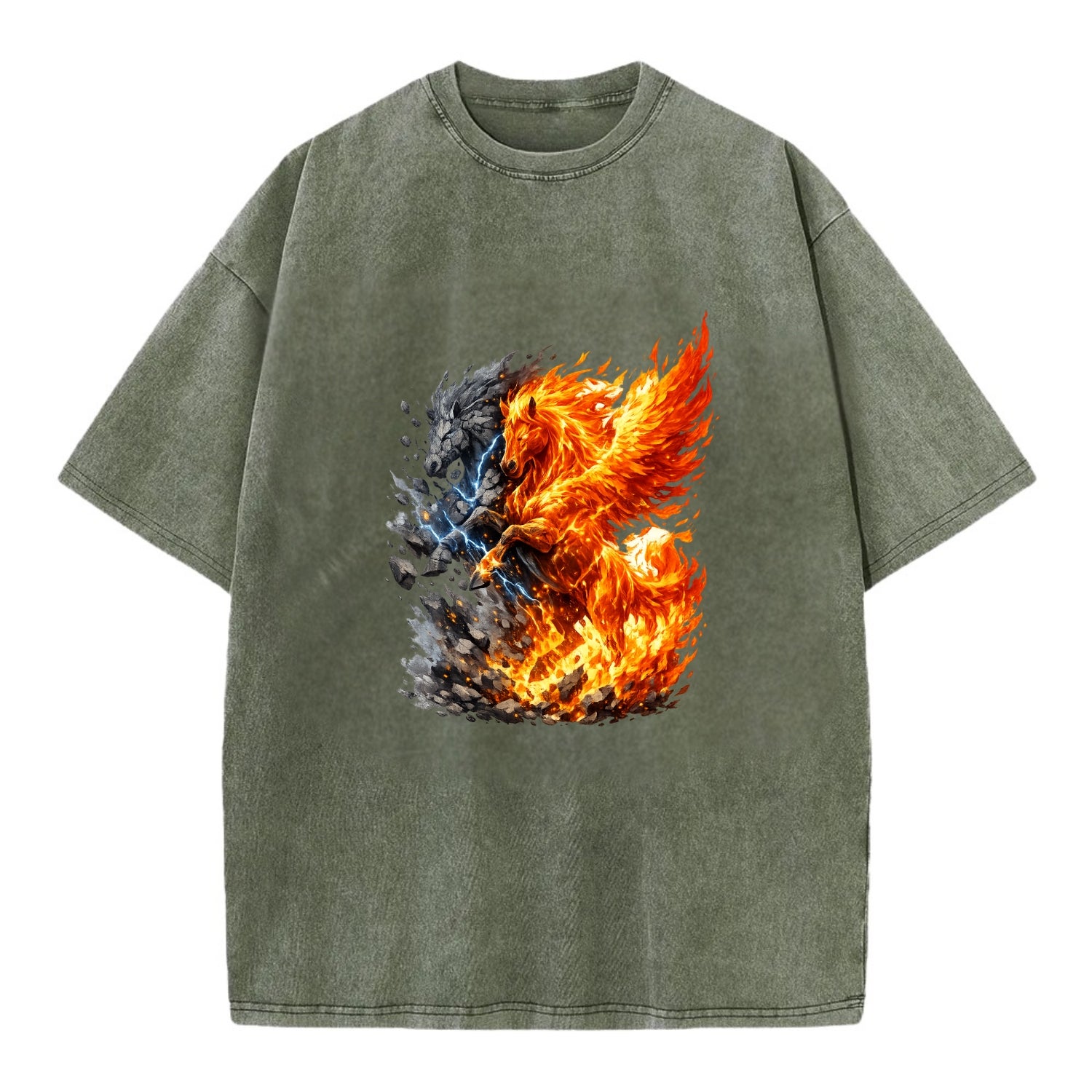 THUNDER FIRE | Horse combining lightning and flame | Electric fire | Storm energy - Vintage T-shirt - Army Green
