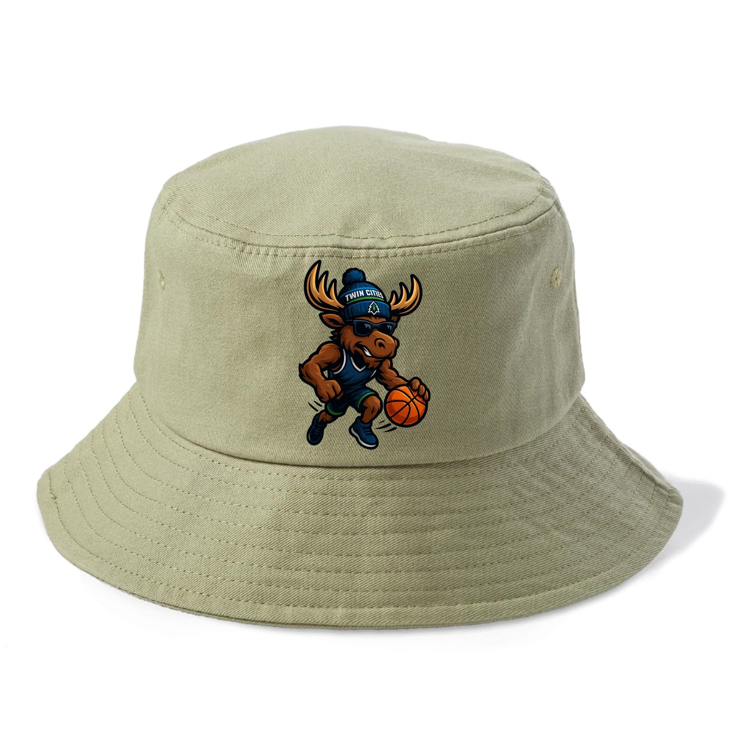 Twin Cities Moose wearing Timberwolves beanie with pine tree patch and wayfarer - Bucket Hat - Army Green