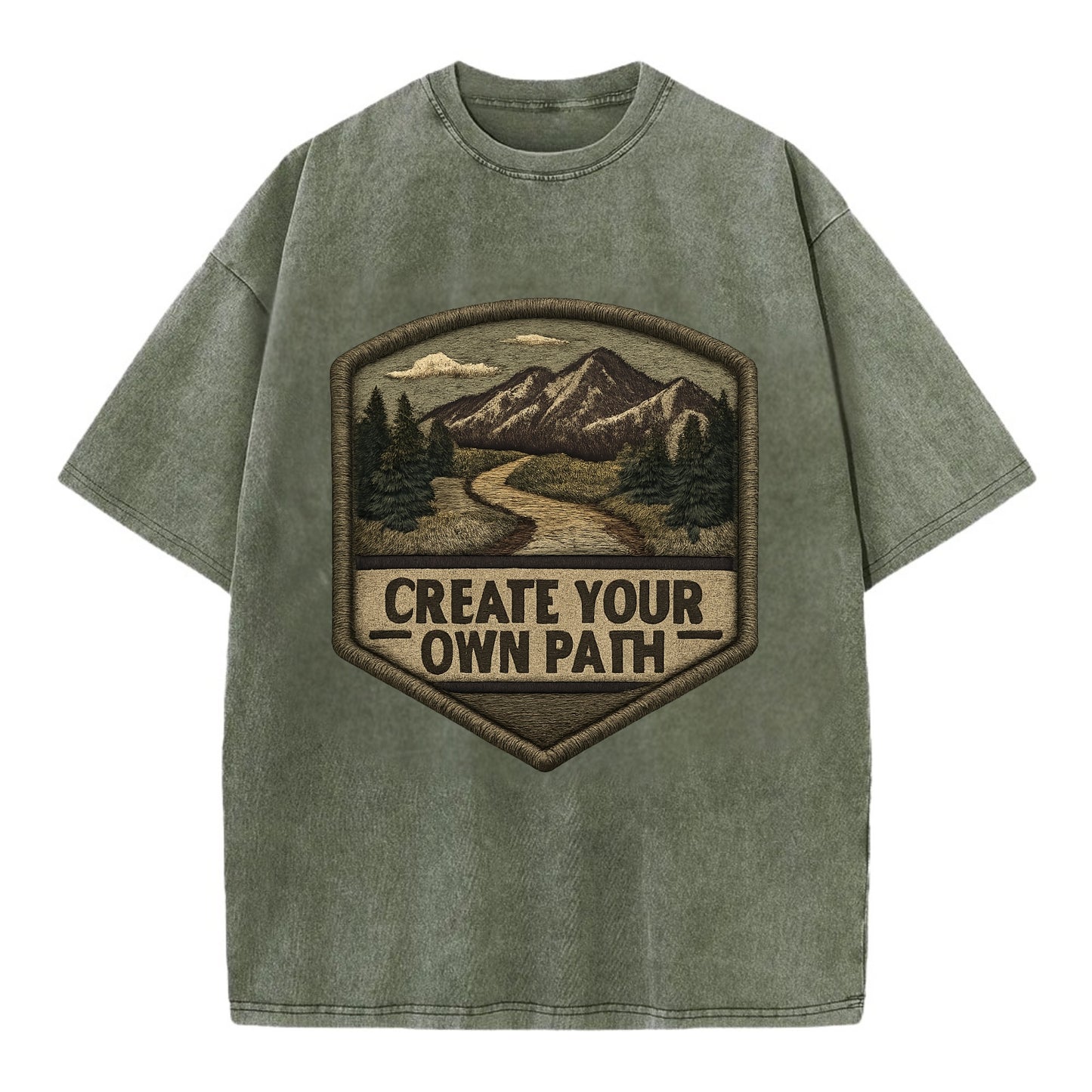 CREATE YOUR OWN PATH - trail with text in brown , independence - Vintage T-shirt - Army Green