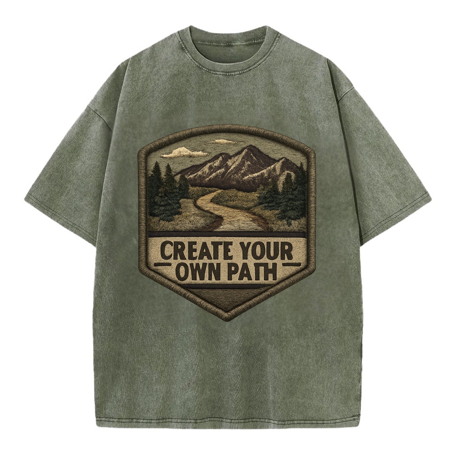 CREATE YOUR OWN PATH - trail with text in brown , independence - Vintage T-shirt - Army Green