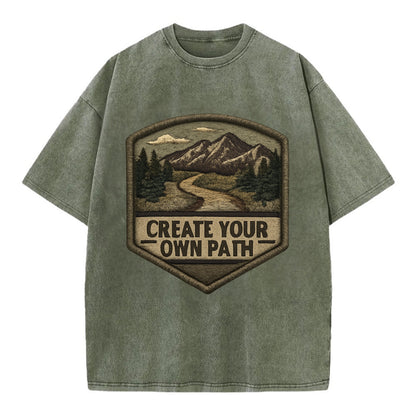 CREATE YOUR OWN PATH - trail with text in brown , independence - Vintage T-shirt - Army Green