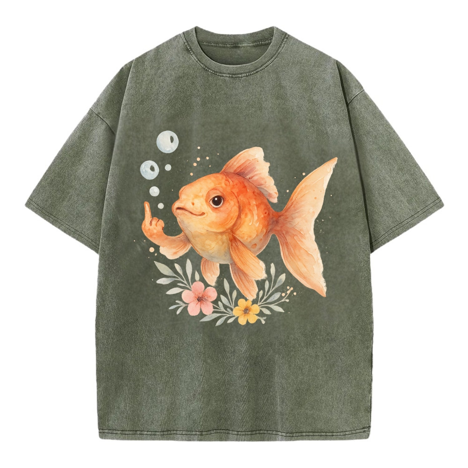 chubby goldfish blowing bubbles, one fin extended like middle finger - Vintage T-shirt - Army Green