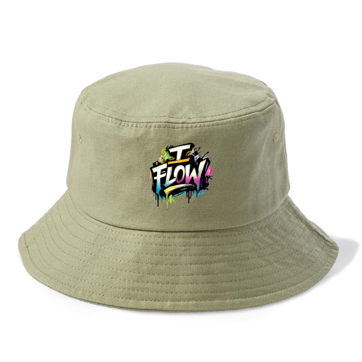 Bold typography design - "I FLOW" - going with life, easy movement - Bucket Hat - Army Green