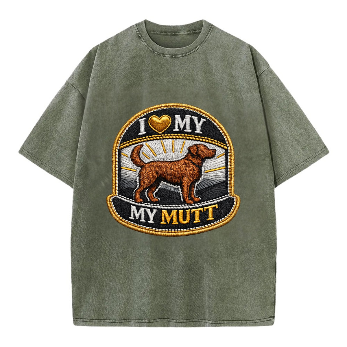 I LOVE MY MUTT - mixed breed silhouette in brown , rescue pride - Vintage T-shirt - Army Green