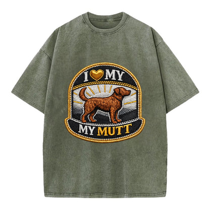 I LOVE MY MUTT - mixed breed silhouette in brown , rescue pride - Vintage T-shirt - Army Green