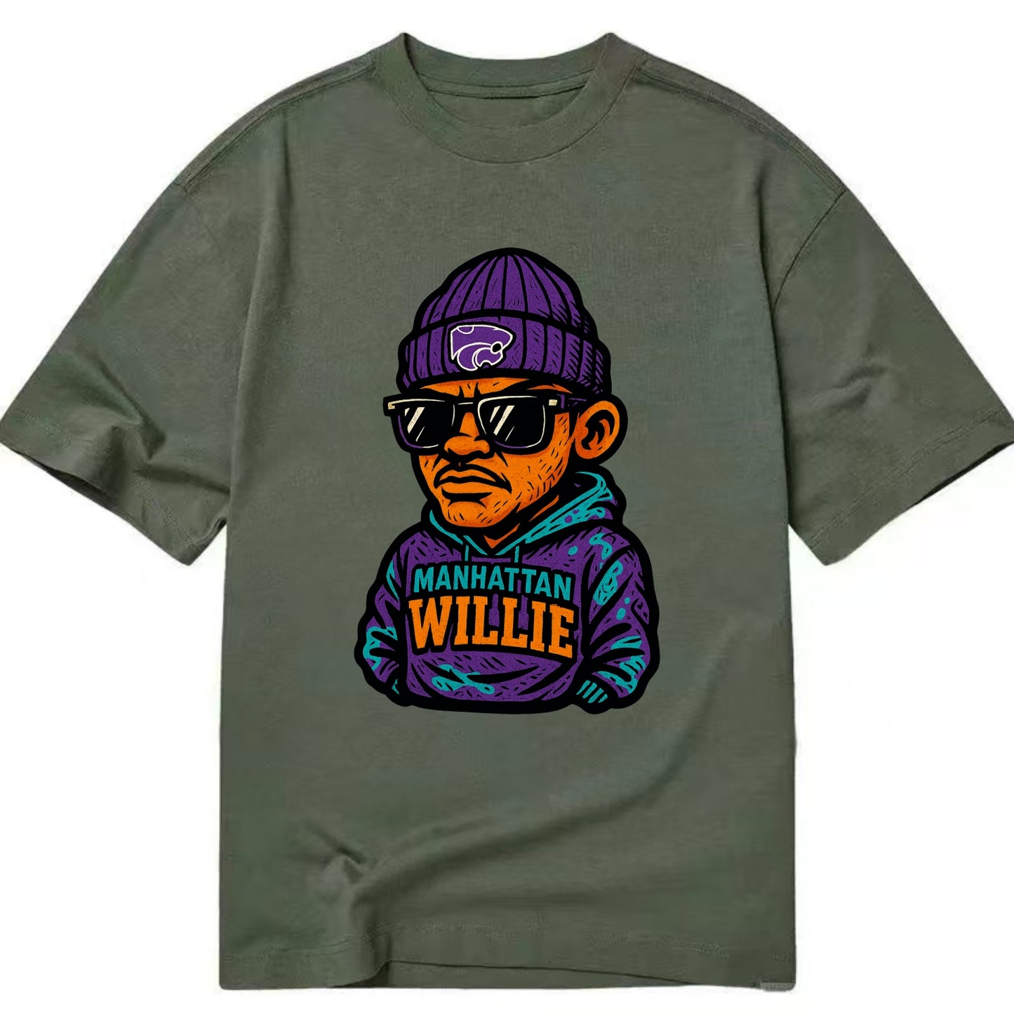 Manhattan Willie wearing Kansas State beanie with powercat patch - Classic T-shirt - Army Green