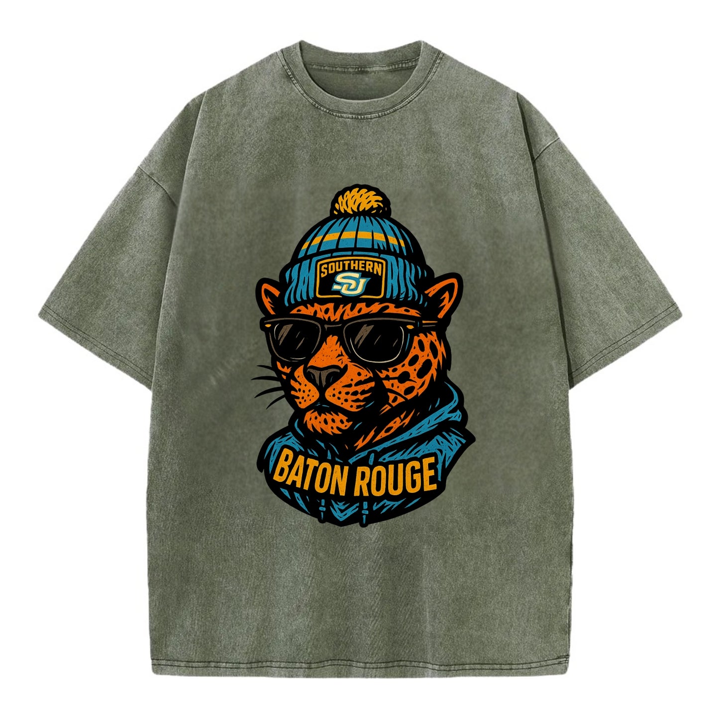 Baton Rouge Jaguar wearing Southern beanie with SU patch - Vintage T-shirt - Army Green
