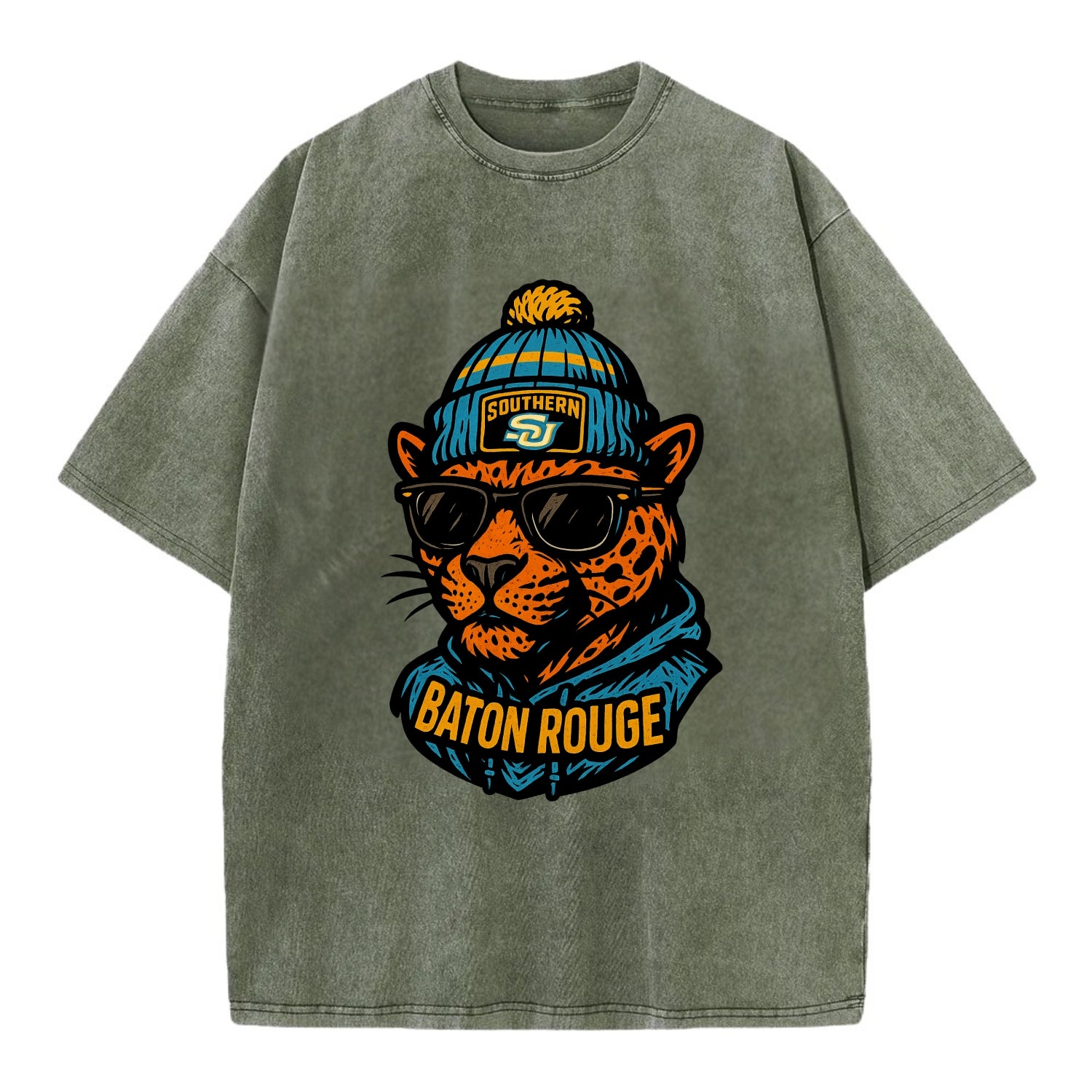 Baton Rouge Jaguar wearing Southern beanie with SU patch - Vintage T-shirt - Army Green