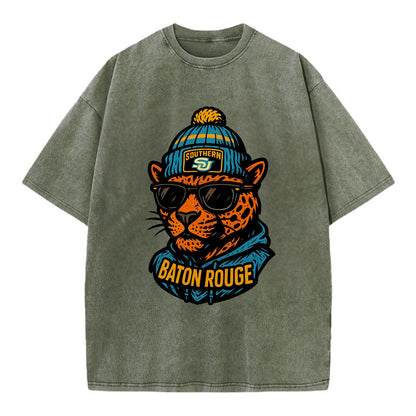 Baton Rouge Jaguar wearing Southern beanie with SU patch - Vintage T-shirt - Army Green