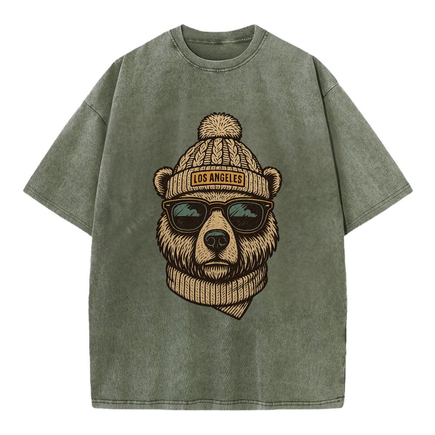 California Grizzly Bear wearing Los Angeles beanie with pom pom and wayfarer - Vintage T-shirt - Army Green