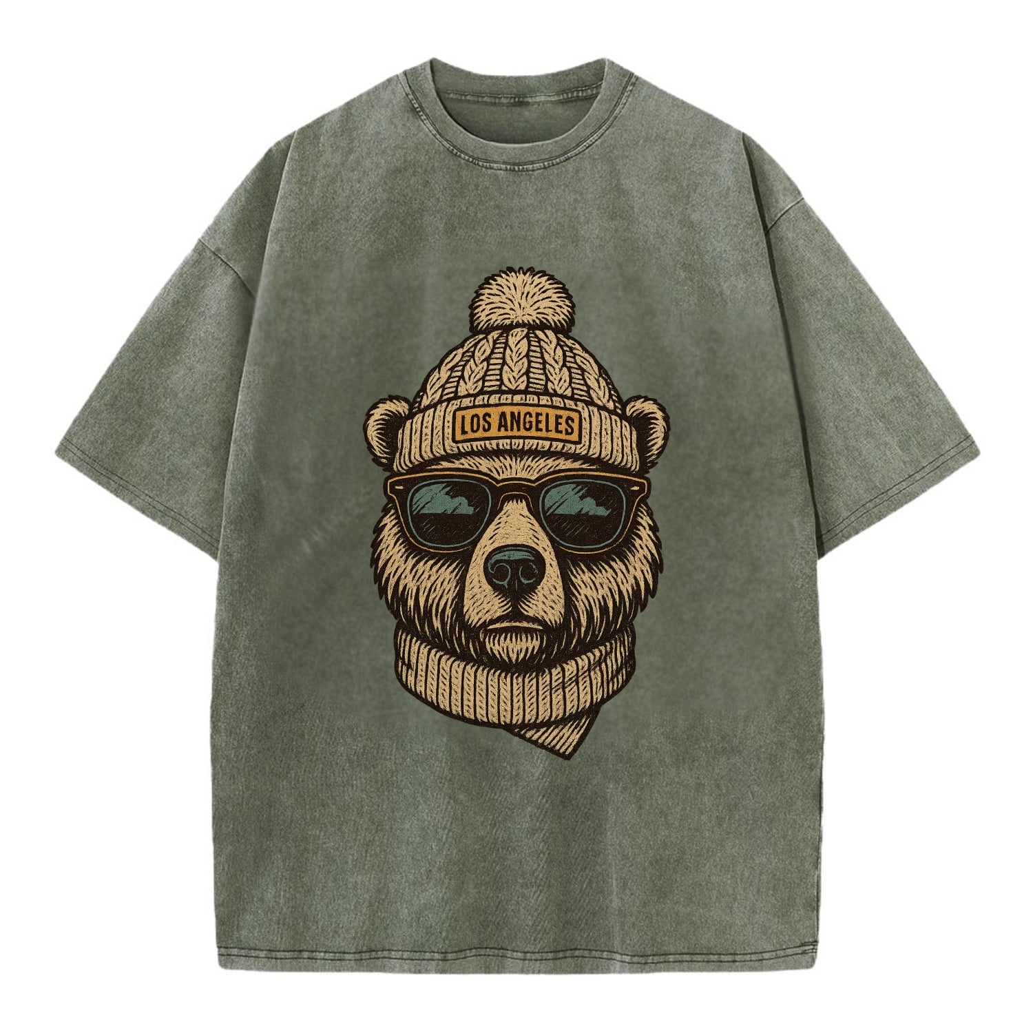 California Grizzly Bear wearing Los Angeles beanie with pom pom and wayfarer - Vintage T-shirt - Army Green