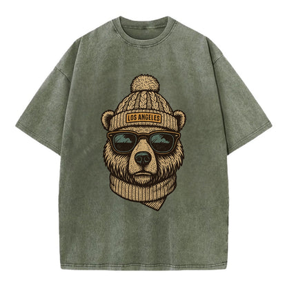 California Grizzly Bear wearing Los Angeles beanie with pom pom and wayfarer - Vintage T-shirt - Army Green