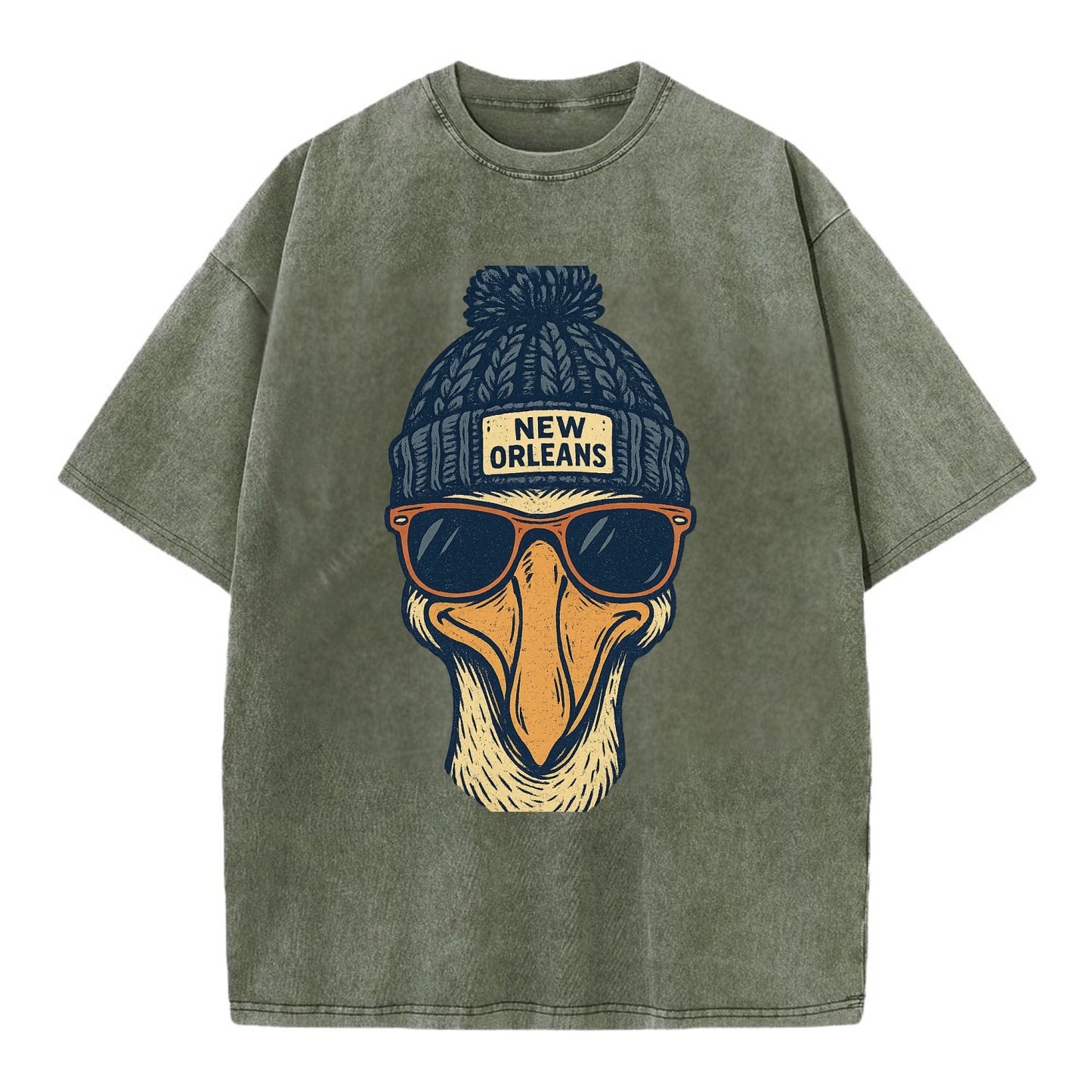 New Orleans Pelican wearing New Orleans beanie with pom pom and wayfarer - Vintage T-shirt - Army Green
