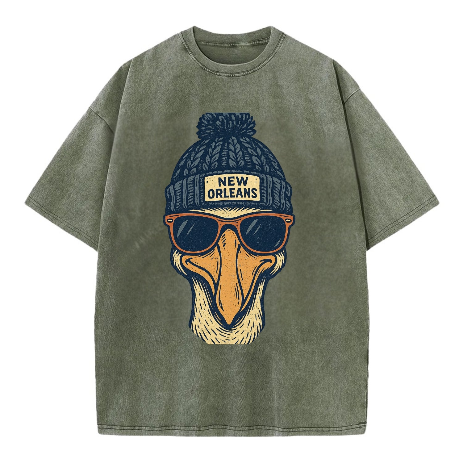 New Orleans Pelican wearing New Orleans beanie with pom pom and wayfarer - Vintage T-shirt - Army Green