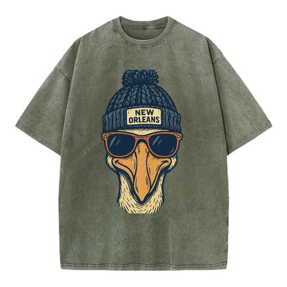 New Orleans Pelican wearing New Orleans beanie with pom pom and wayfarer - Vintage T-shirt - Army Green