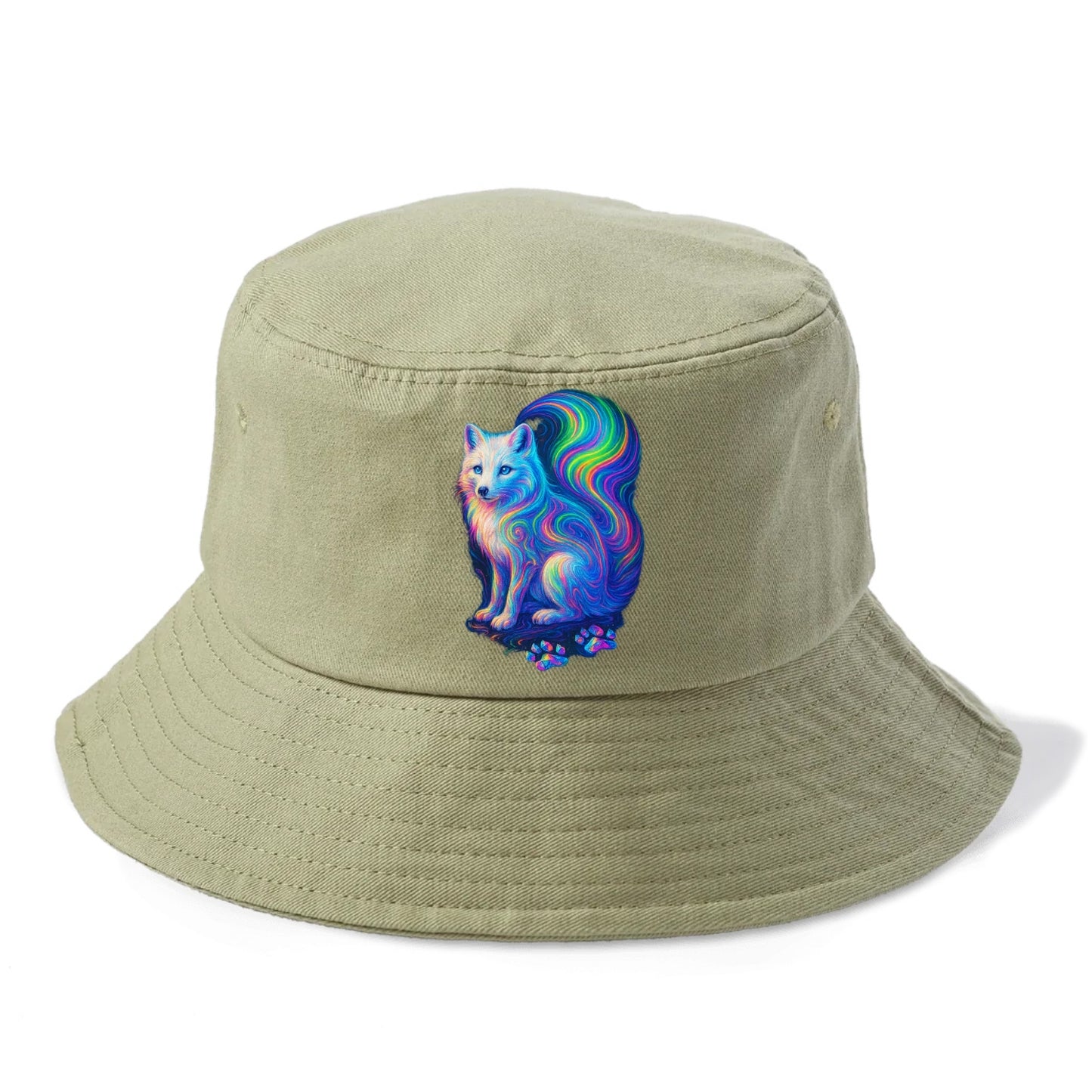 Graceful arctic fox with tail streaming aurora colors, white fur with prismatic - Bucket Hat - Army Green