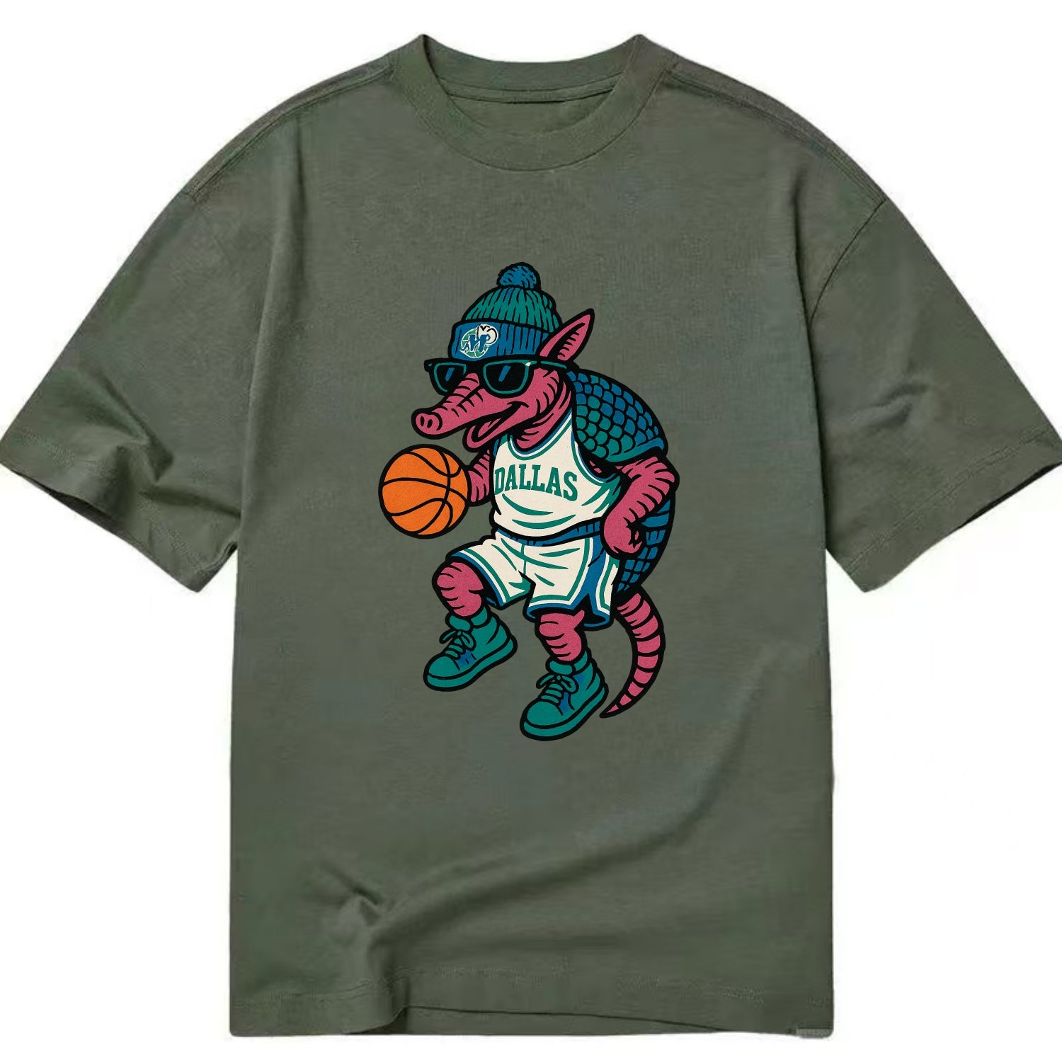 Dallas Armadillo wearing Mavericks beanie with cowboy hat patch and wayfarer - Classic T-shirt - Army Green