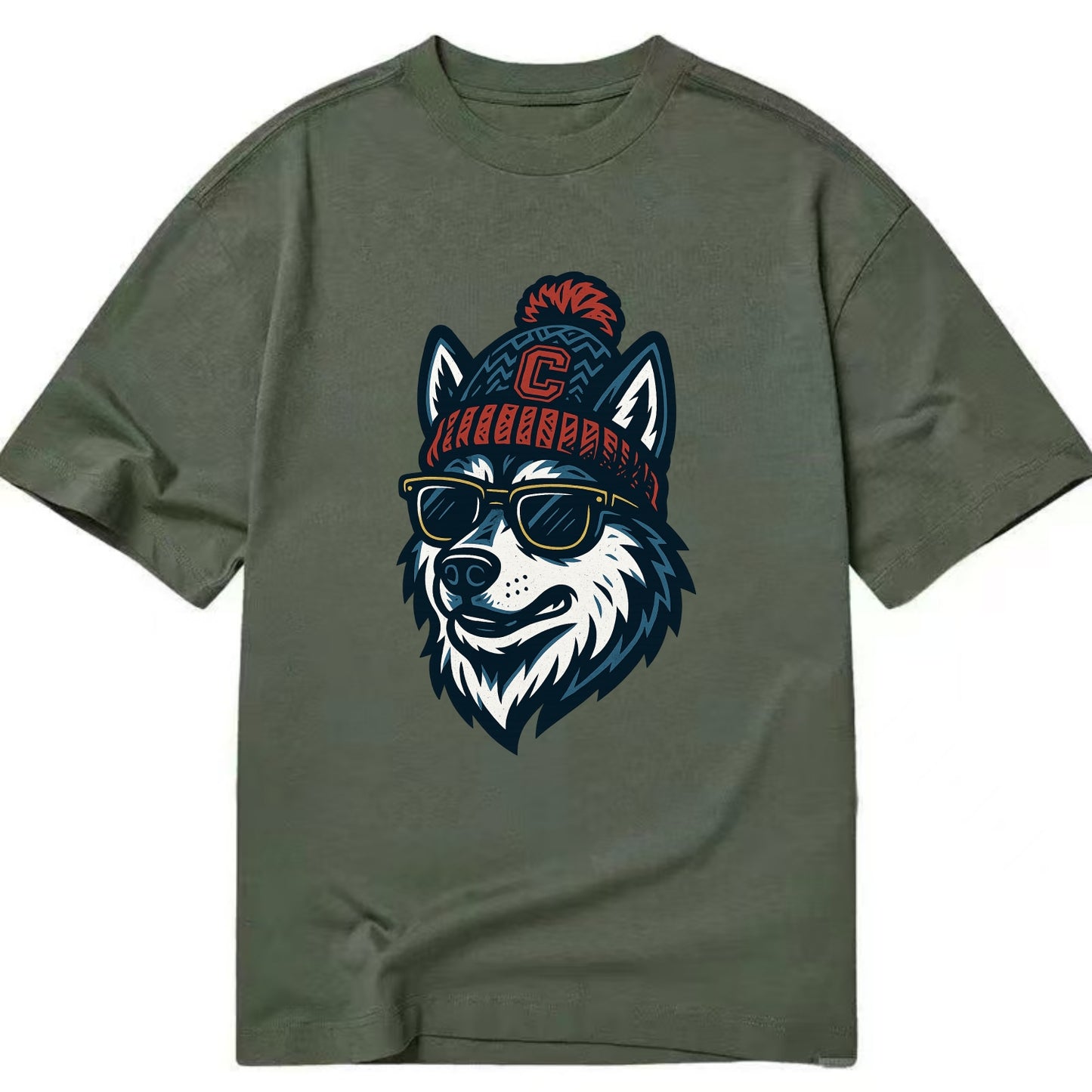Storrs Husky wearing UConn beanie with C patch - Classic T-shirt - Army Green