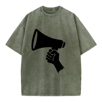Megaphone silhouette - voice and protest ink brushwork - Vintage T-shirt - Army Green