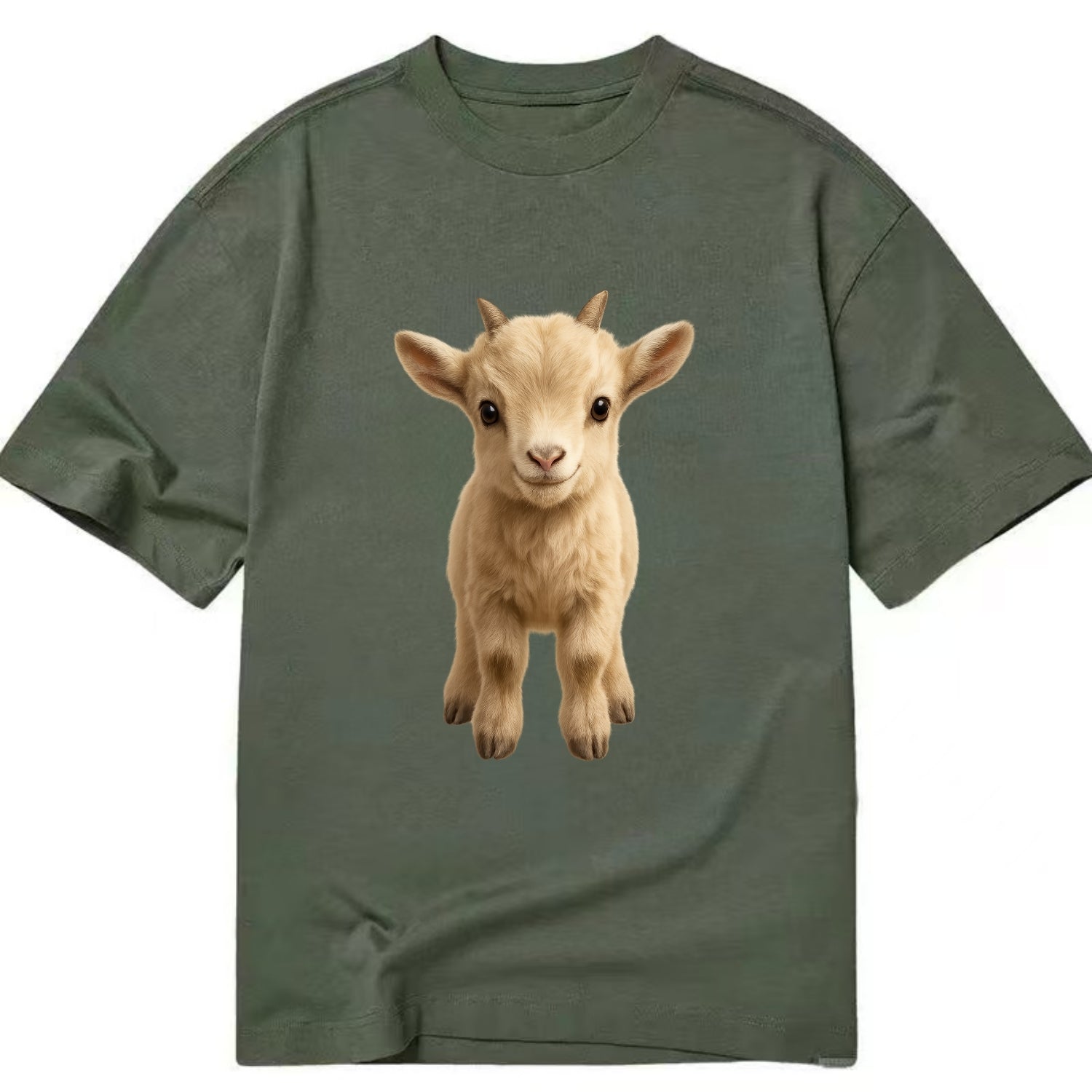 Baby Goat Kid - small horns, rectangular pupils, fluffy, playful eyes, - Classic T-shirt - Army Green