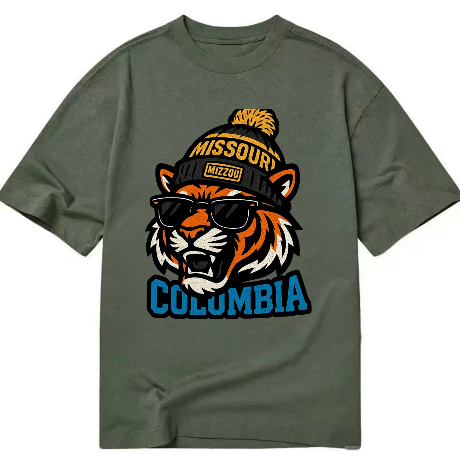 Columbia Tiger wearing Missouri beanie with Mizzou patch - Classic T-shirt - Army Green
