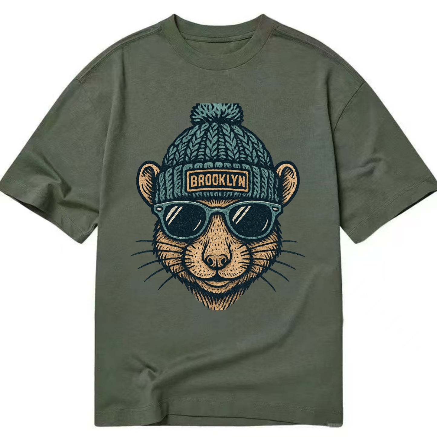 NYC Rat wearing Brooklyn beanie with pom pom and wayfarer sunglasses - Classic T-shirt - Army Green