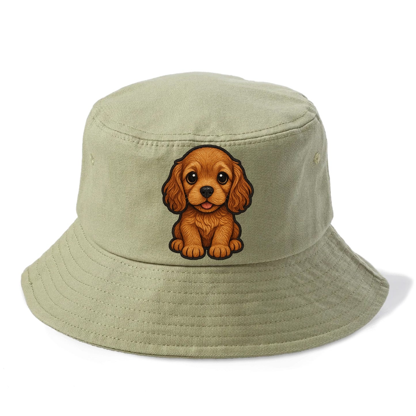 Baby Cocker Spaniel Puppy - long wavy ears, soulful eyes, silky coat, front-facing, - Bucket Hat - Army Green