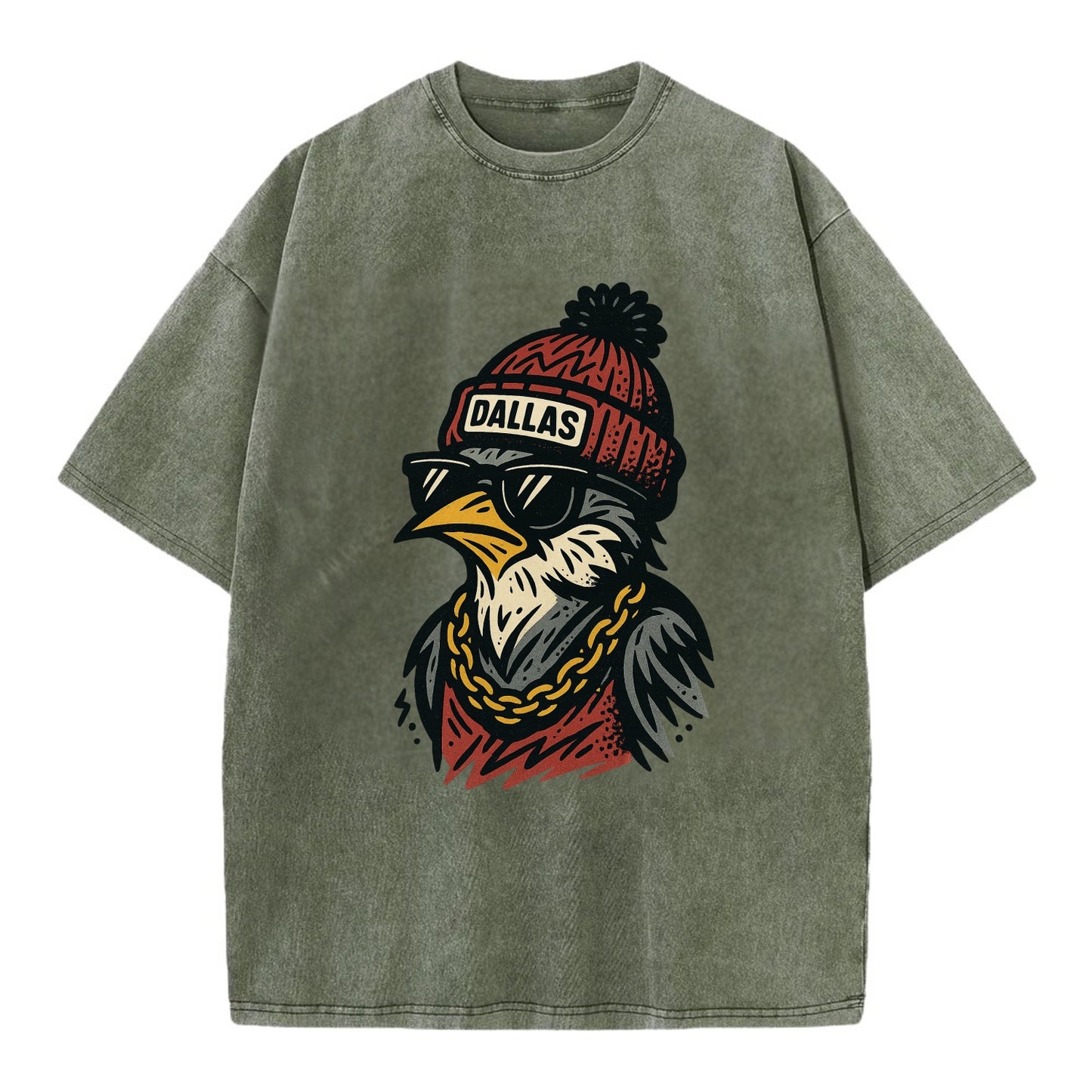 Dallas Mockingbird wearing Dallas beanie with pom pom and wayfarer sunglasses - Vintage T-shirt - Army Green