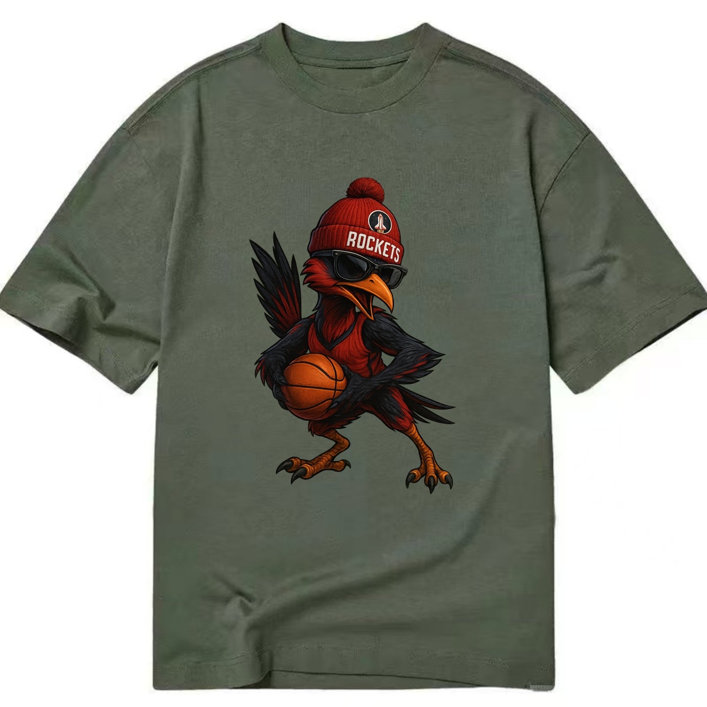 Houston Roadrunner wearing Rockets beanie with launch pad patch and wayfarer - Classic T-shirt - Army Green