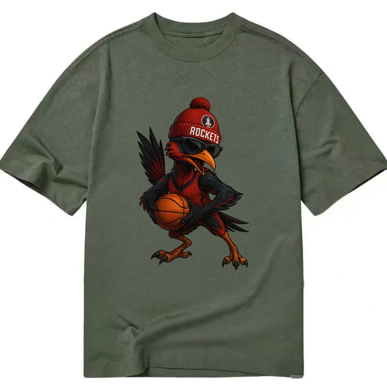 Houston Roadrunner wearing Rockets beanie with launch pad patch and wayfarer - Classic T-shirt - Army Green