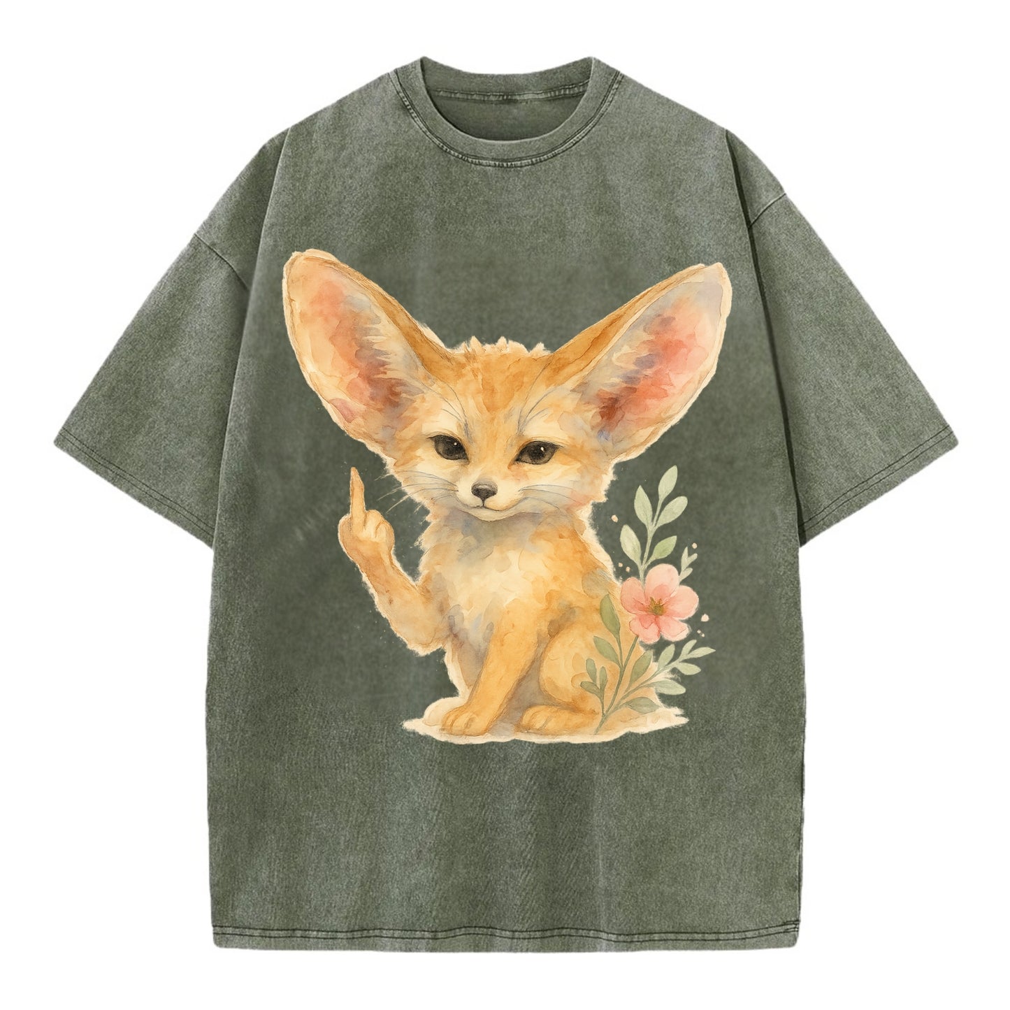 tiny fennec fox with oversized ears, one small paw raised in sass - Vintage T-shirt - Army Green