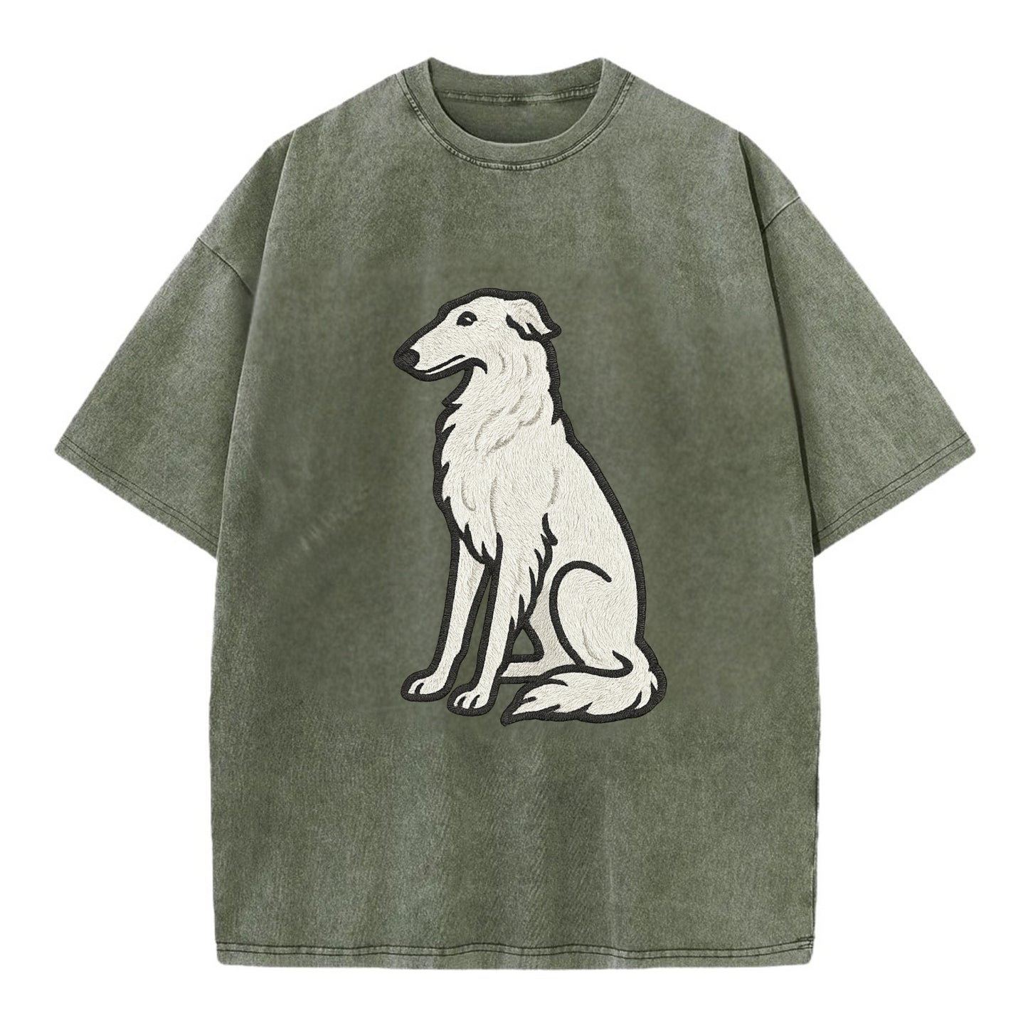 Borzoi - White embroidered sitting pose - Vintage T-shirt - Army Green