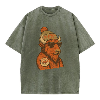 Oklahoma Buffalo wearing Oklahoma City beanie with pom pom and wayfarer sunglasses - Vintage T-shirt - Army Green