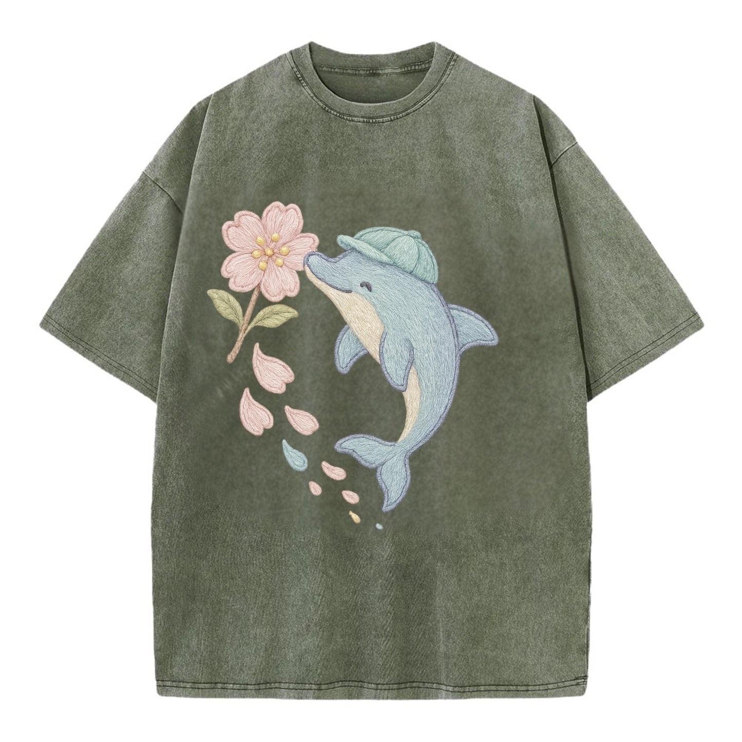 Dolphin Sakura Leap  - Vintage T-shirt - Army Green