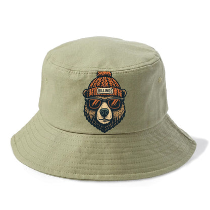 Montana Grizzly Bear wearing Billings beanie with pom pom and wayfarer sunglasses - Bucket Hat - Army Green