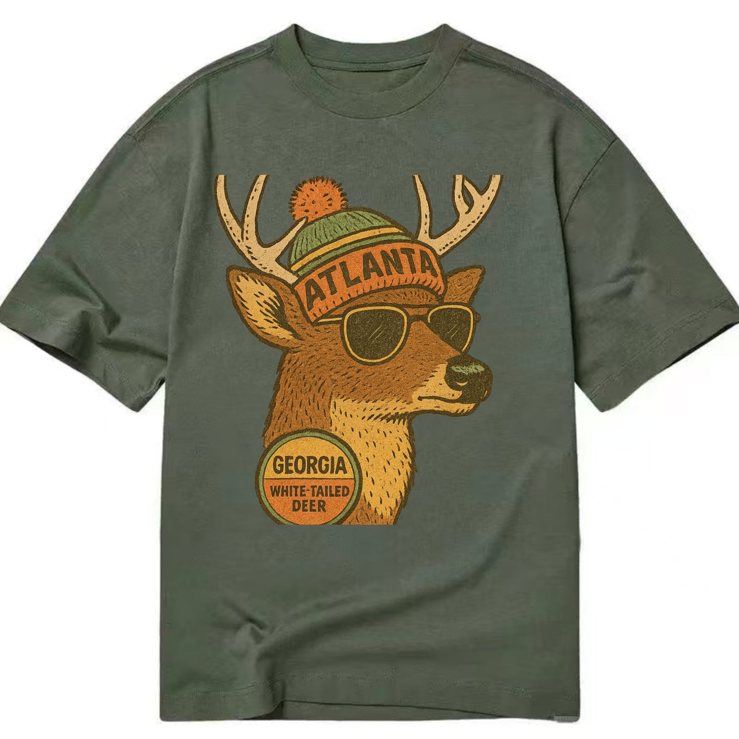 Georgia White-tailed Deer wearing Atlanta beanie with pom pom and wayfarer - Classic T-shirt - Army Green
