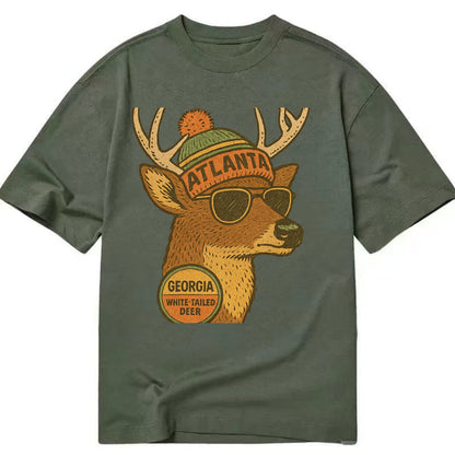 Georgia White-tailed Deer wearing Atlanta beanie with pom pom and wayfarer - Classic T-shirt - Army Green