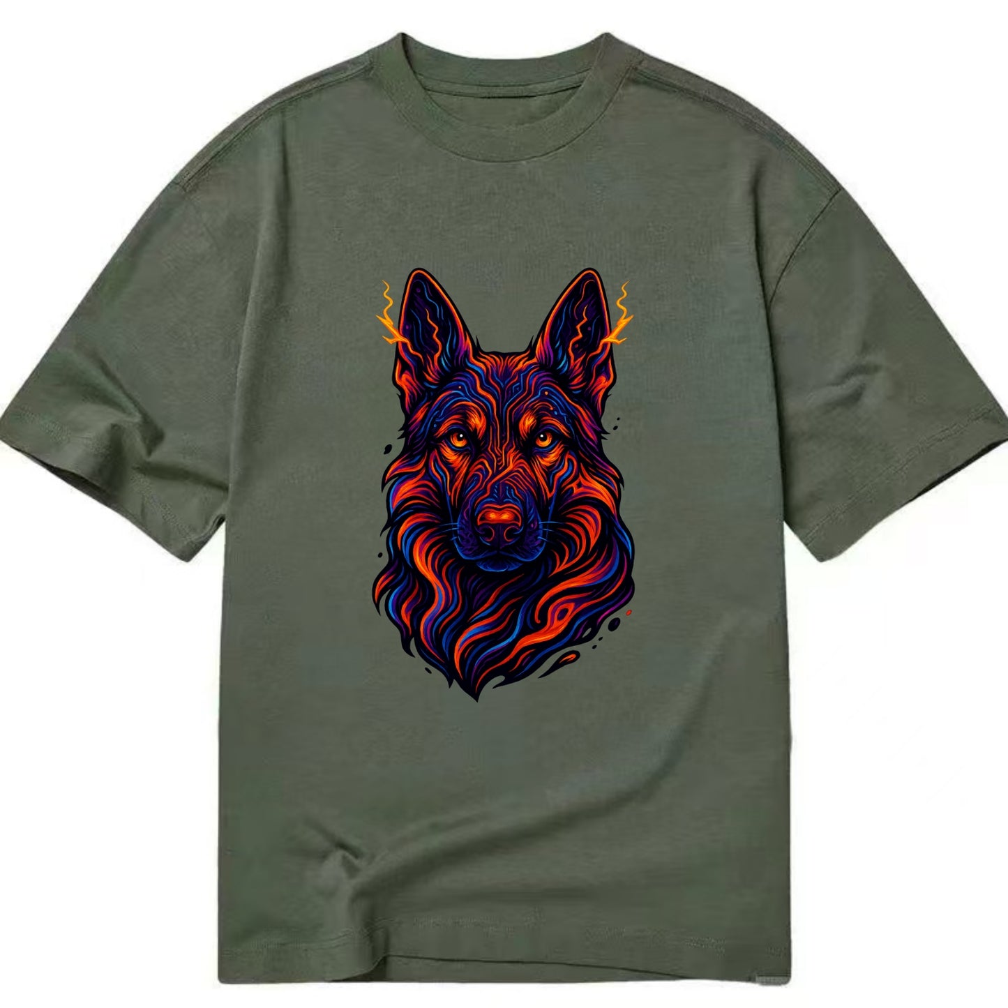 Alert German Shepherd with cyber circuit patterns in the fur, neon orange and - Classic T-shirt - Army Green