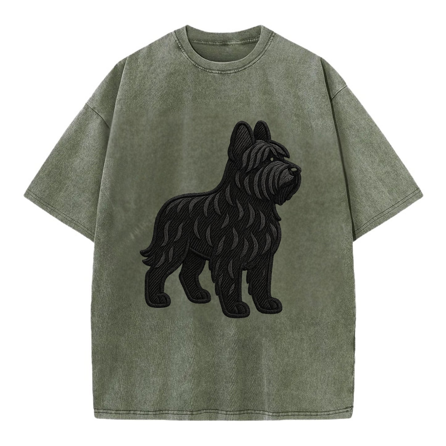 Briard - Black wavy coat embroidered herding pose - Vintage T-shirt - Army Green
