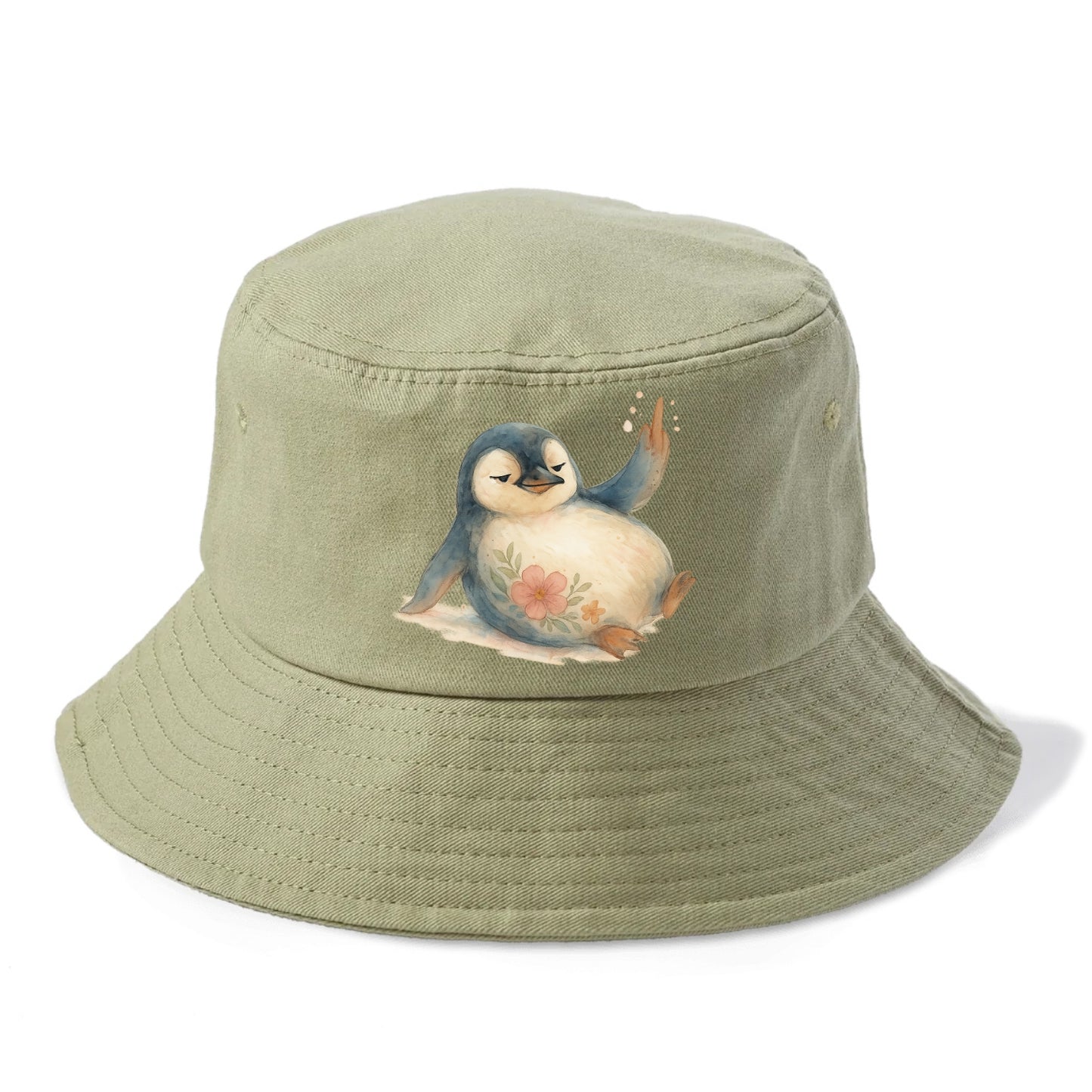 chubby penguin sliding on belly, one flipper up giving attitude - Bucket Hat - Army Green