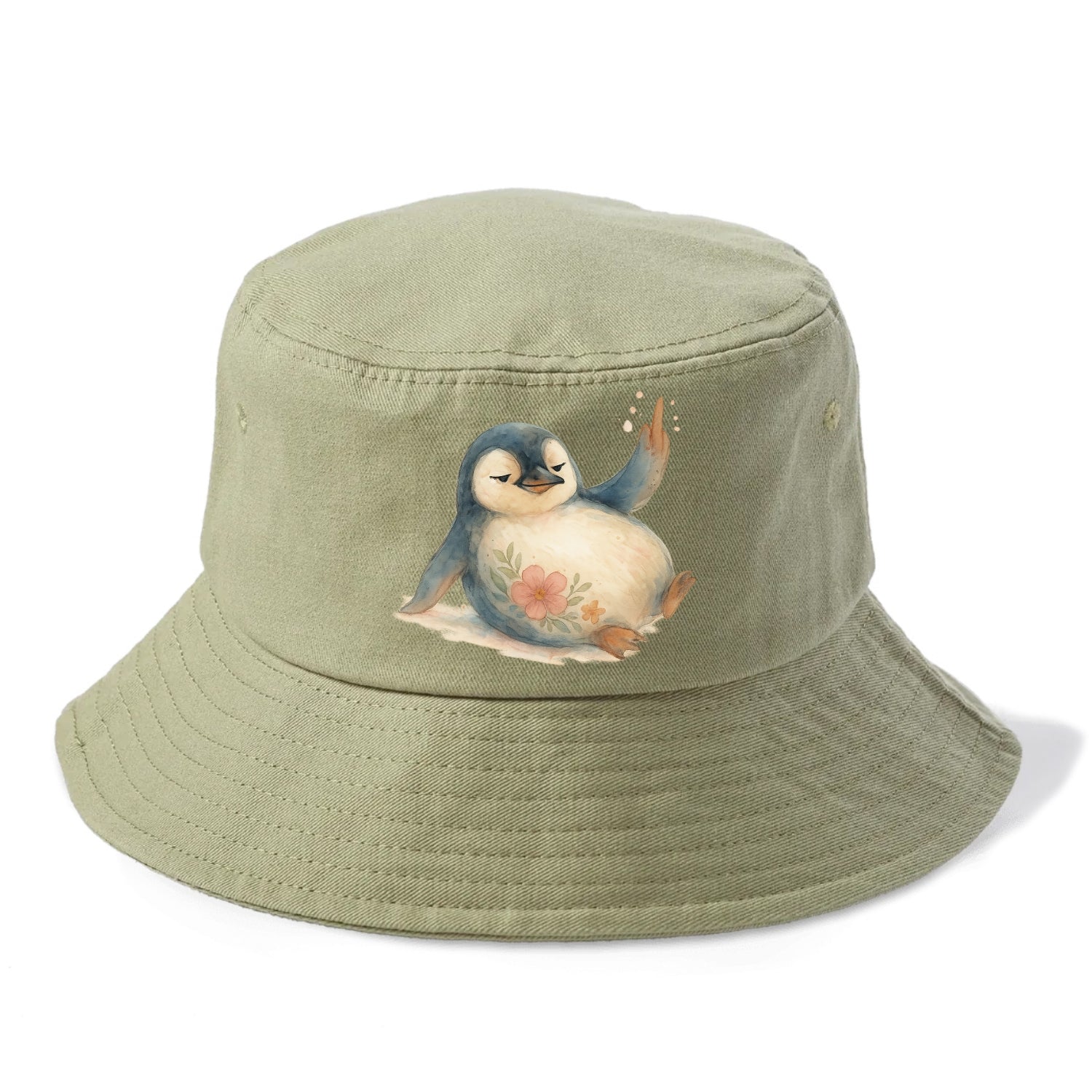 chubby penguin sliding on belly, one flipper up giving attitude - Bucket Hat - Army Green