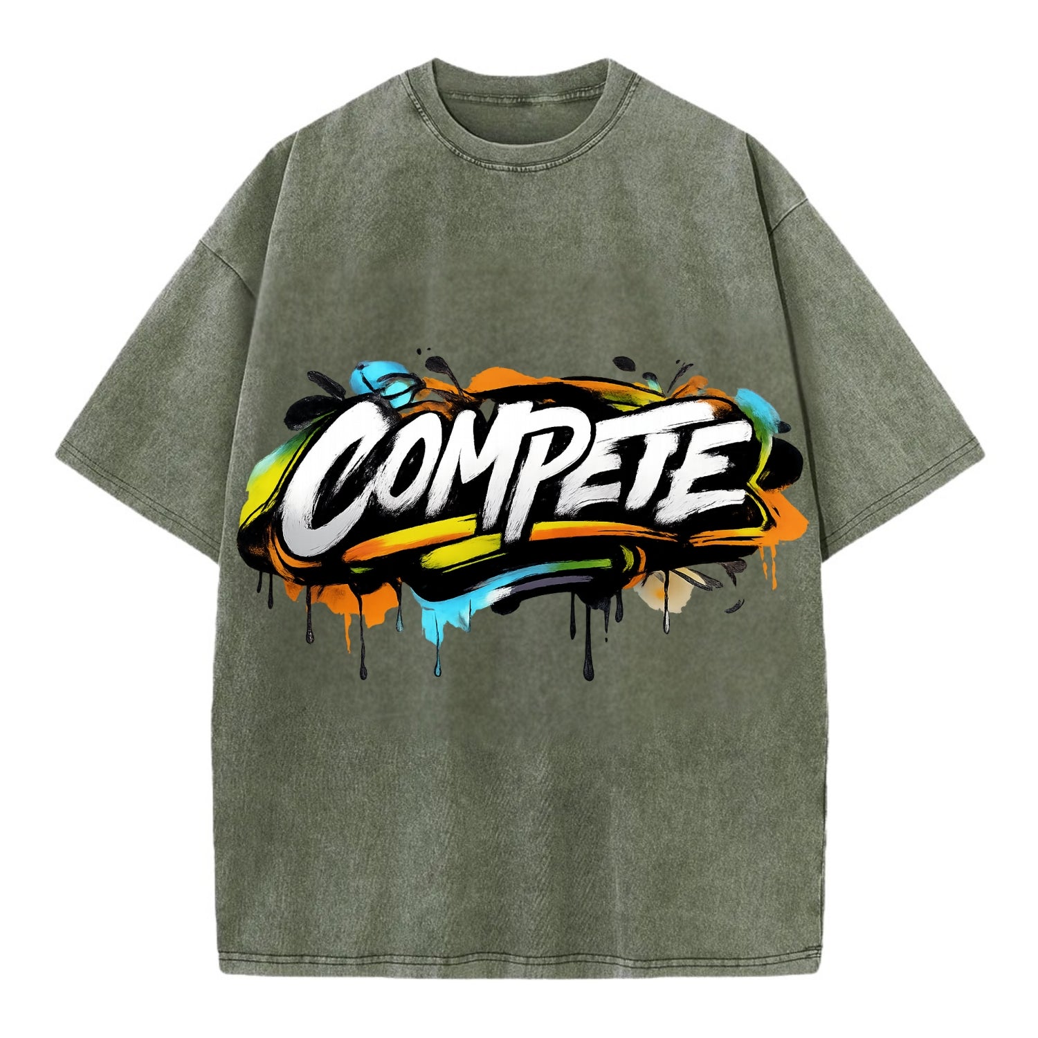 Bold typography design - "COMPETE" - competitive spirit, love the game - Vintage T-shirt - Army Green