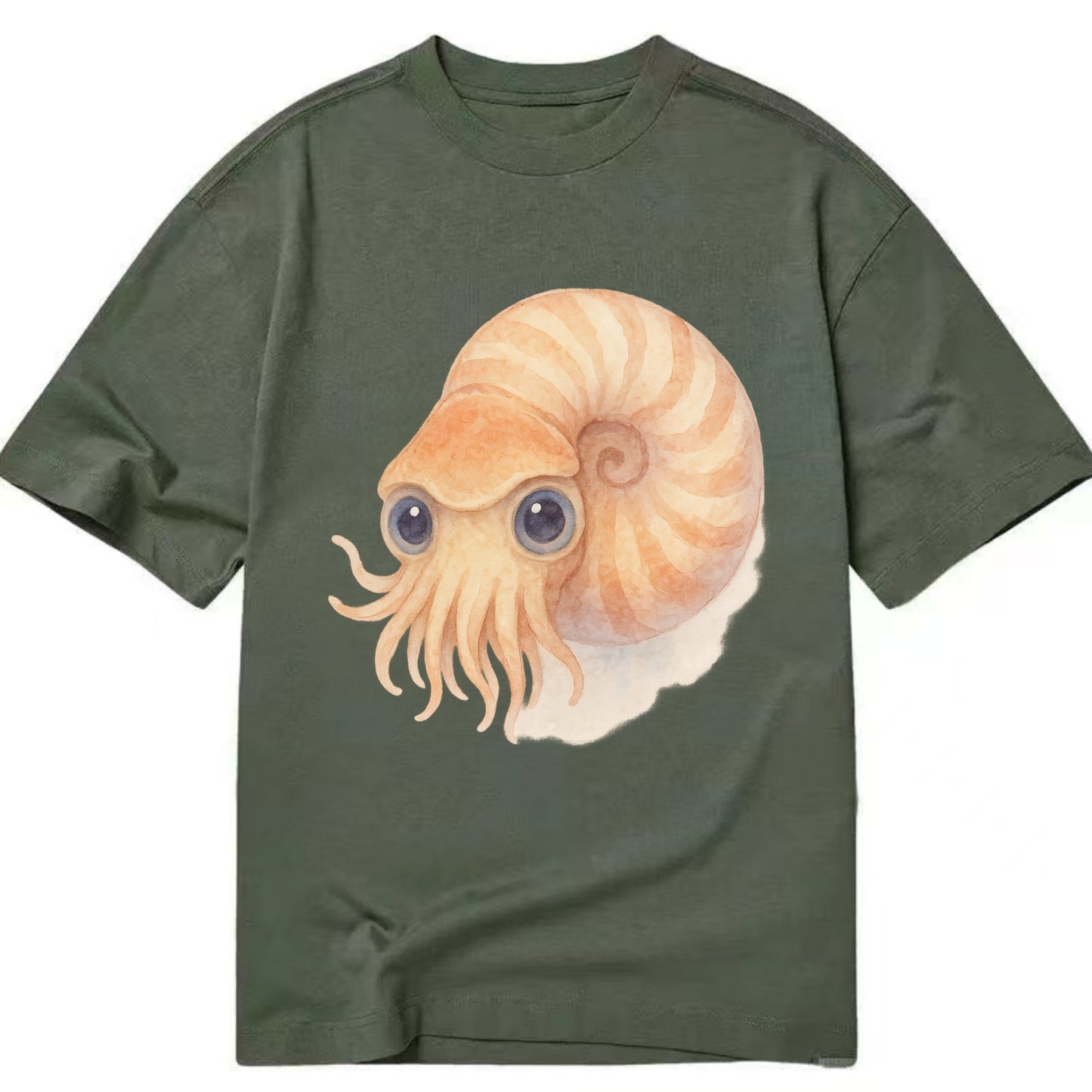 Baby Nautilus - spiral shell, tentacles peeking, ancient eyes, front-facing, - Classic T-shirt - Army Green