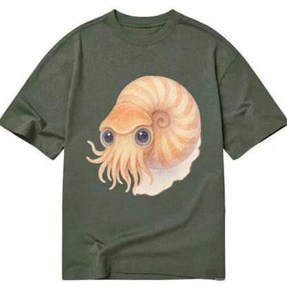 Baby Nautilus - spiral shell, tentacles peeking, ancient eyes, front-facing, - Classic T-shirt - Army Green